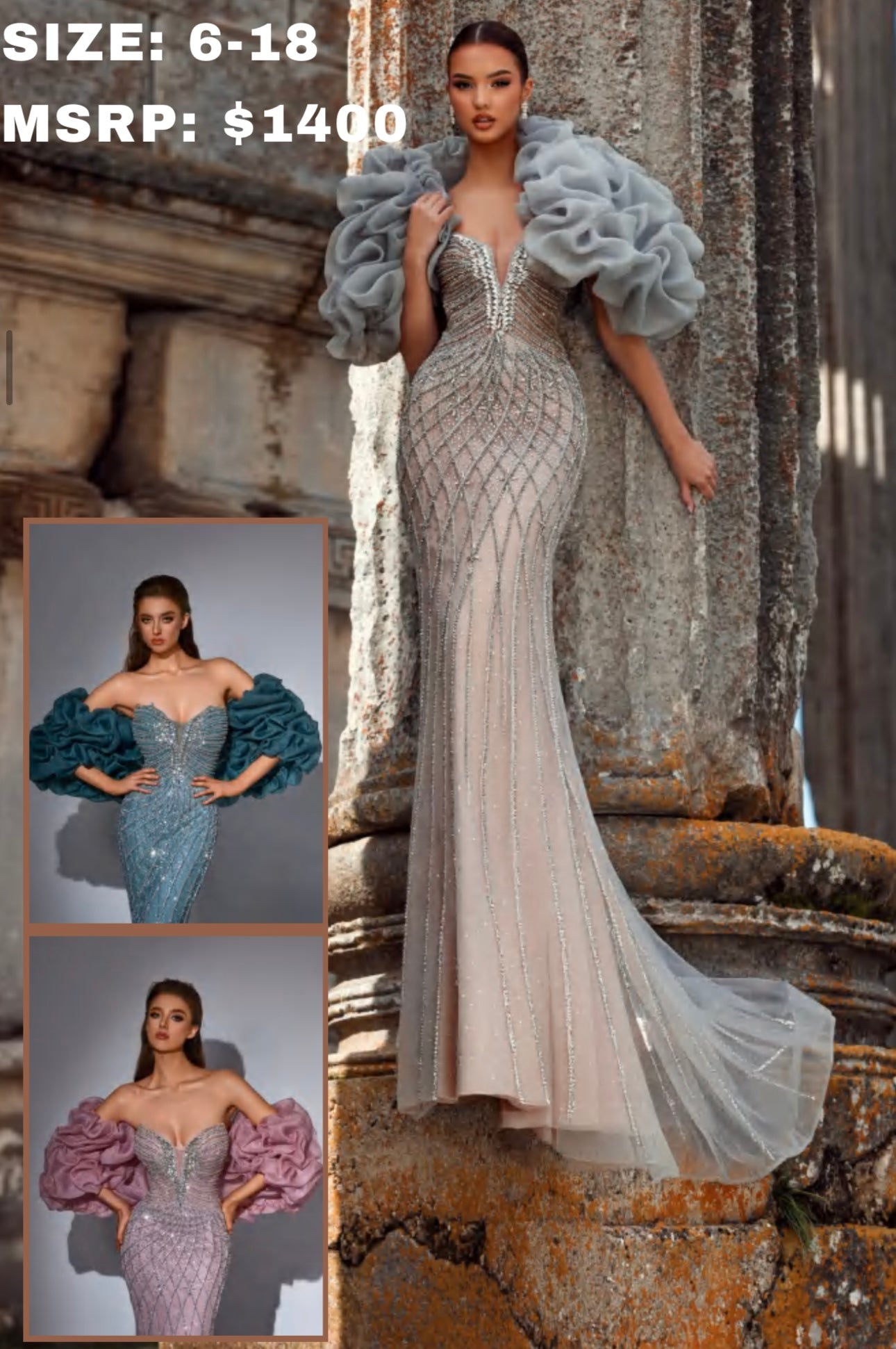 Luxury dress beautifully embroidered with stones, featuring two pieces on the sleeves