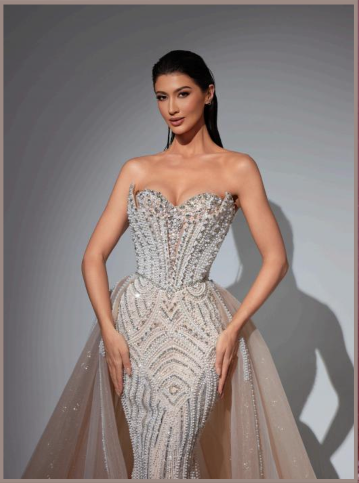 Luxury dress embroidered with white pearl stones with a long back piece