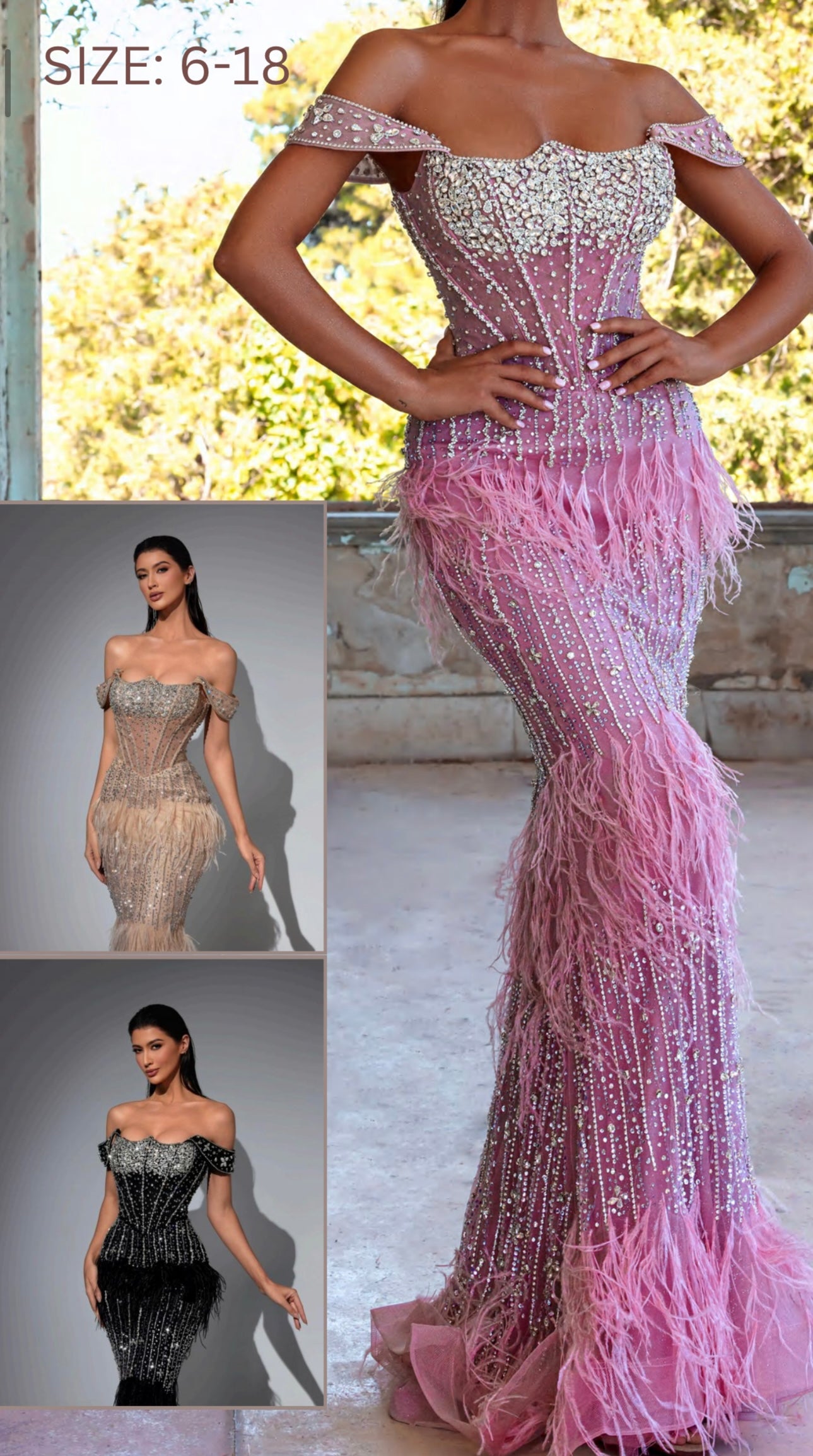 Luxury dress embroidered with stones and natural feathers”