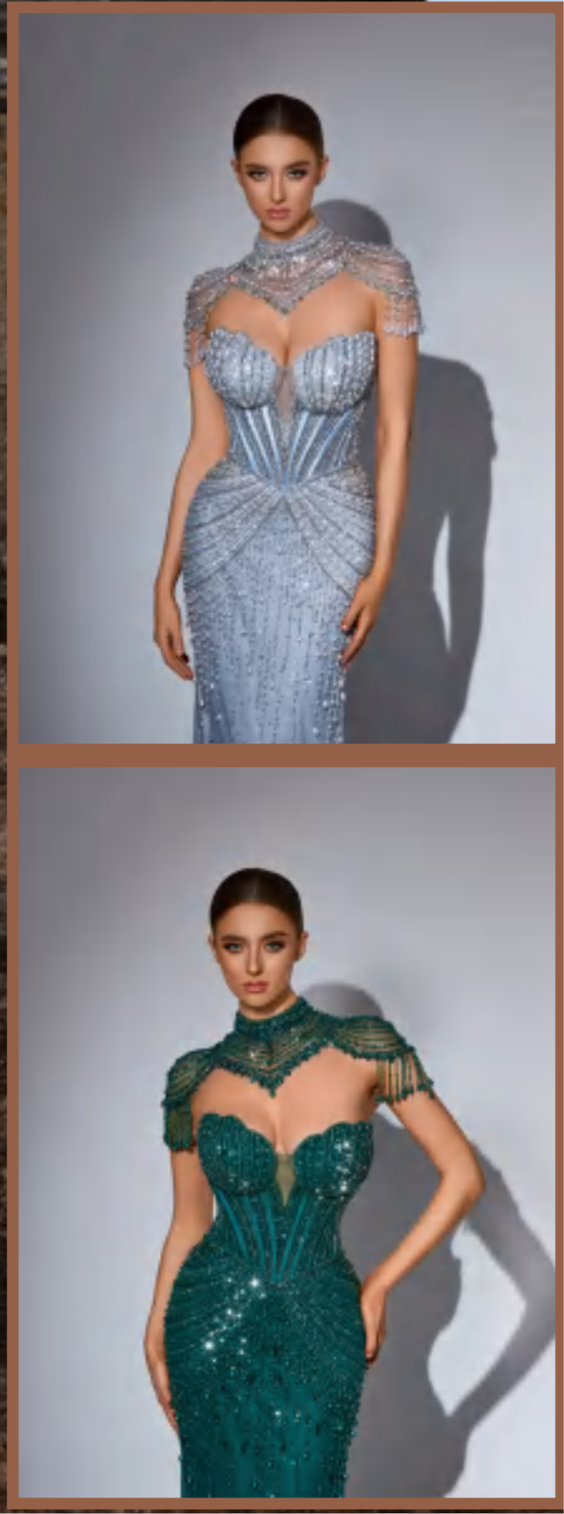 Dress embellished with sparkling crystals and gemstones, featuring a high neckline with jewelry draping from the shoulders.”