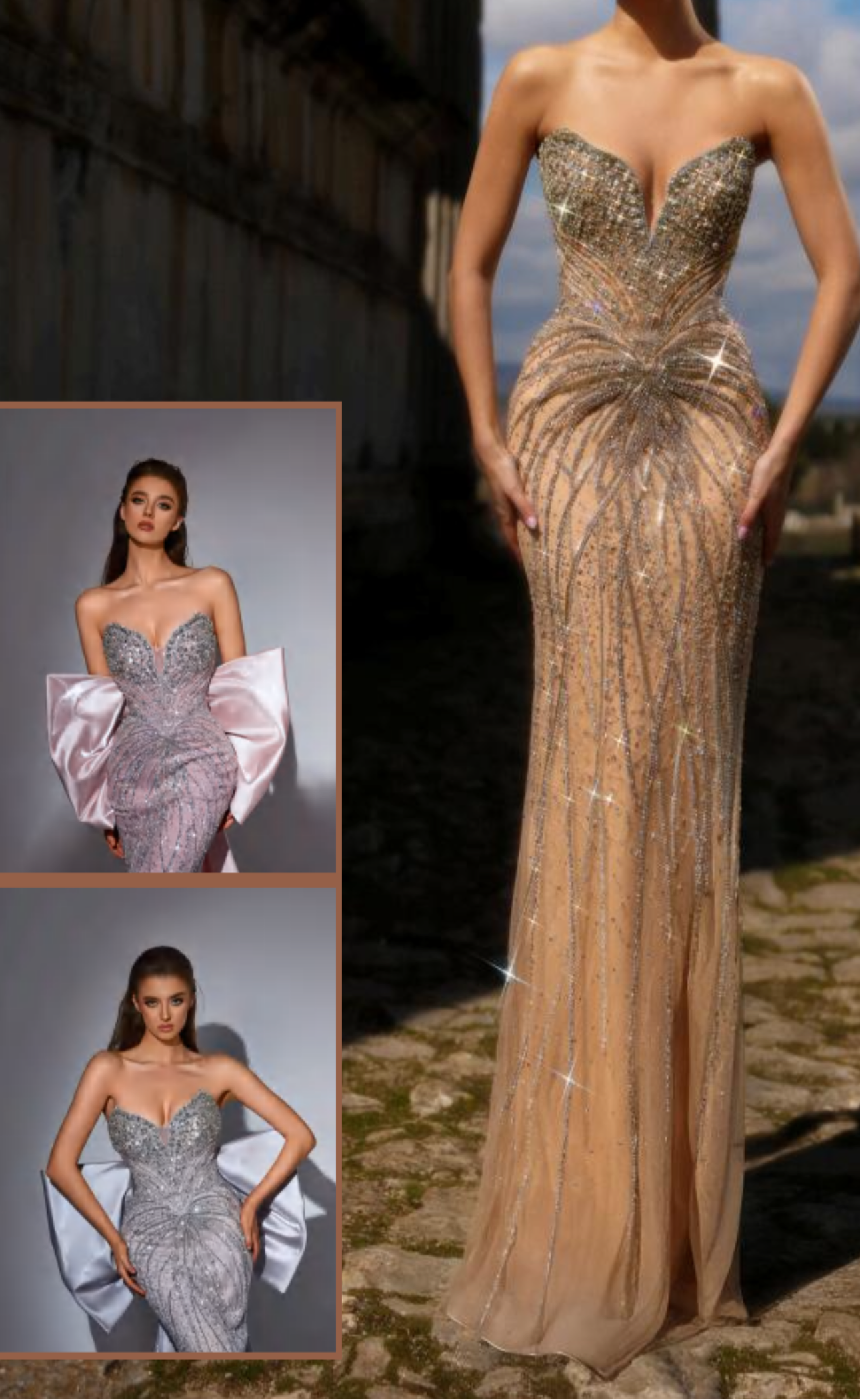 Elegant dress adorned with beads and sparkling crystals, featuring an organza piece with a bow at the back.”