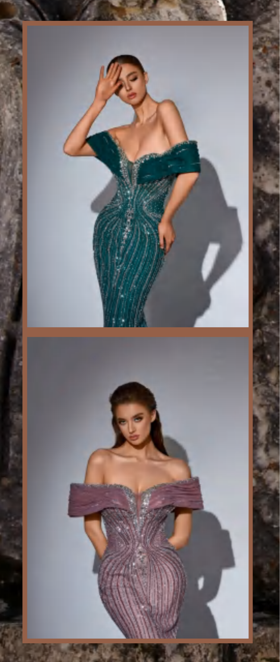 Elegant luxurious dress embellished with crystals and gemstones, featuring off-shoulder design.”