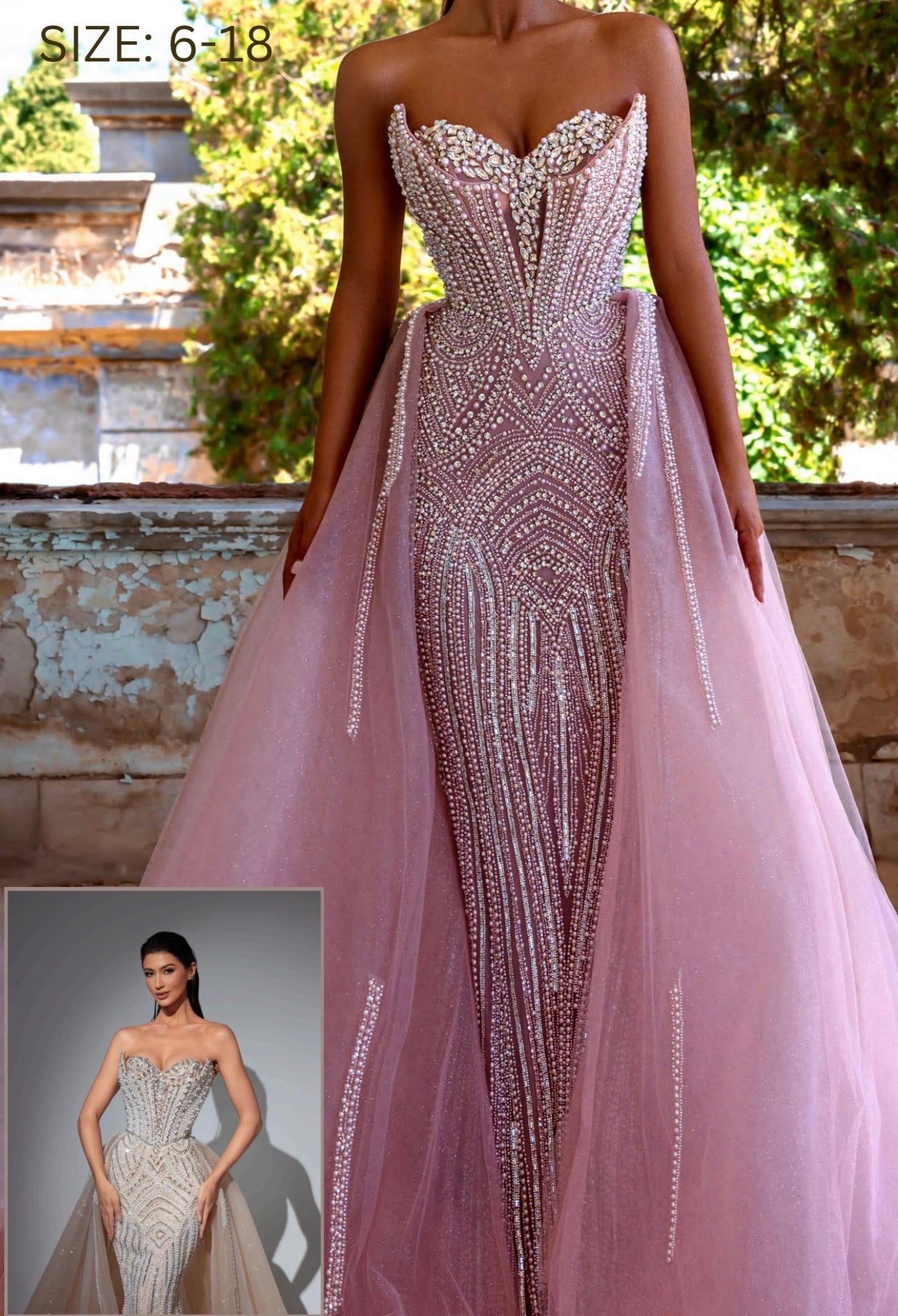 Luxury dress embroidered with white pearl stones with a long back piece