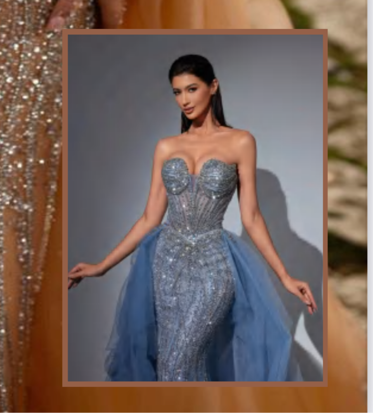 Elegant and luxurious dress adorned with sparkling crystals and gemstones, featuring a long back piece and long sleeves with cuffs.