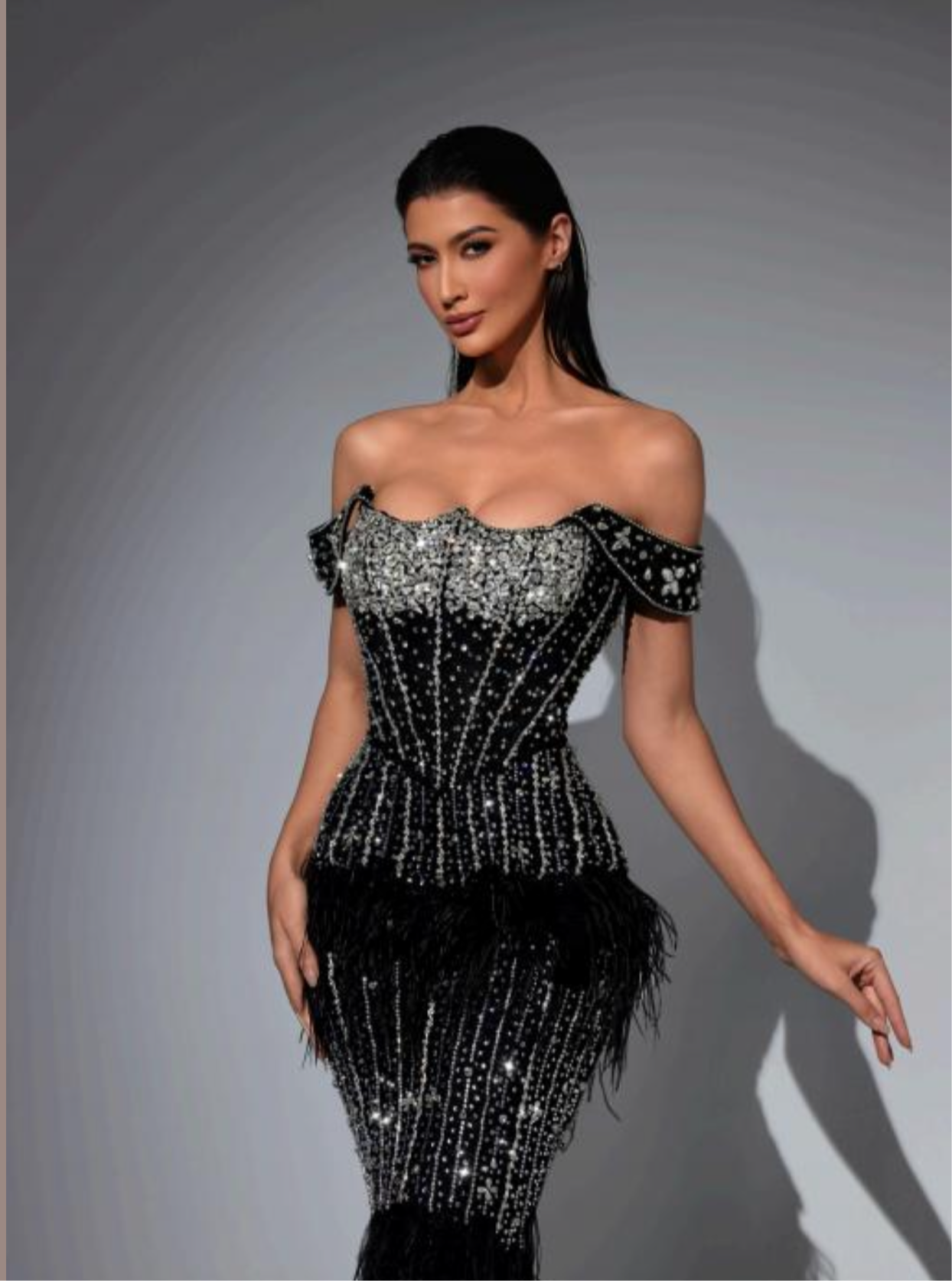 Luxury dress embroidered with stones and natural feathers”
