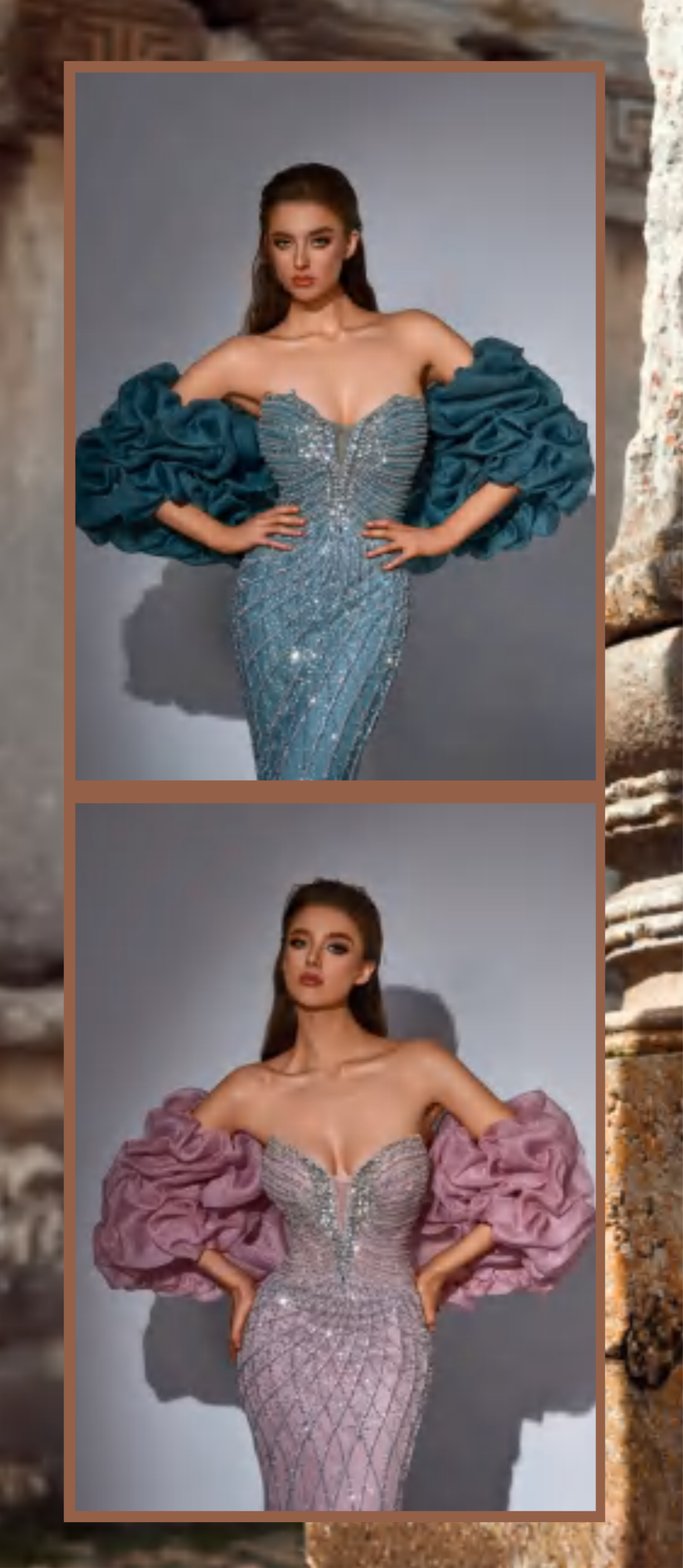 Luxury dress beautifully embroidered with stones, featuring two pieces on the sleeves