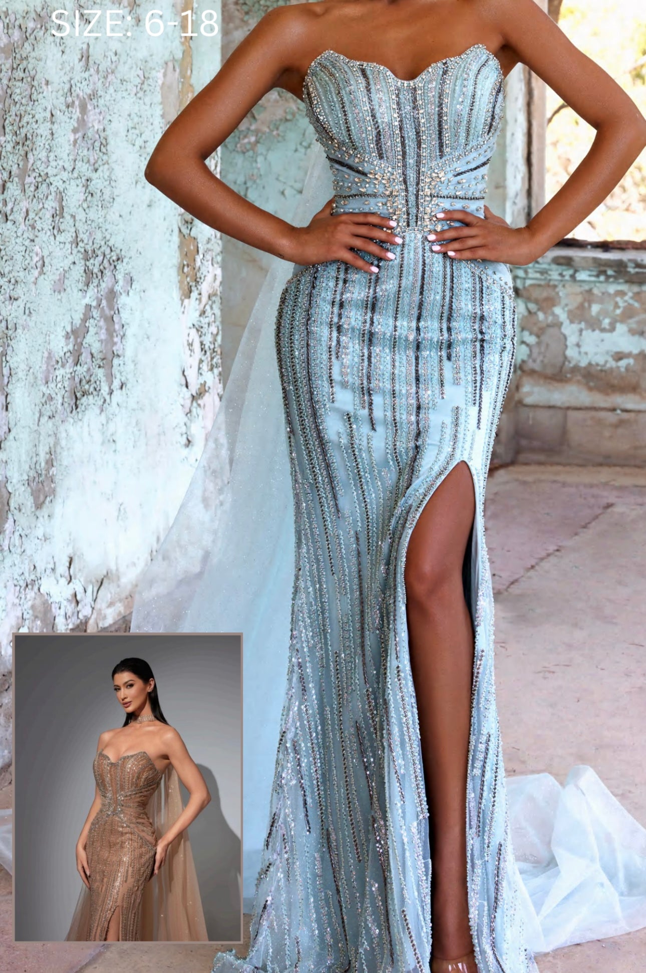 Elegant embroidered dress with a neck tie attached to a piece of tulle.