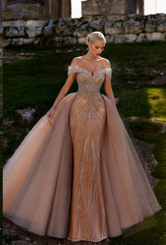Elegant dress with off-shoulder design, featuring a long trailing back sash.