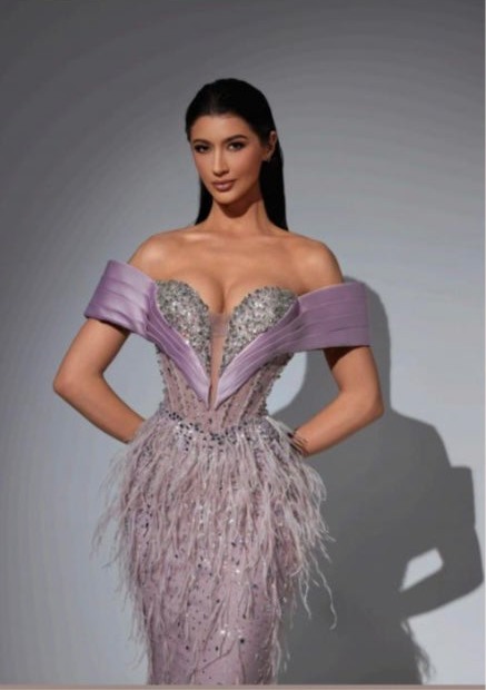 Off-Shoulder Dress Embellished with Stones and Feathers
