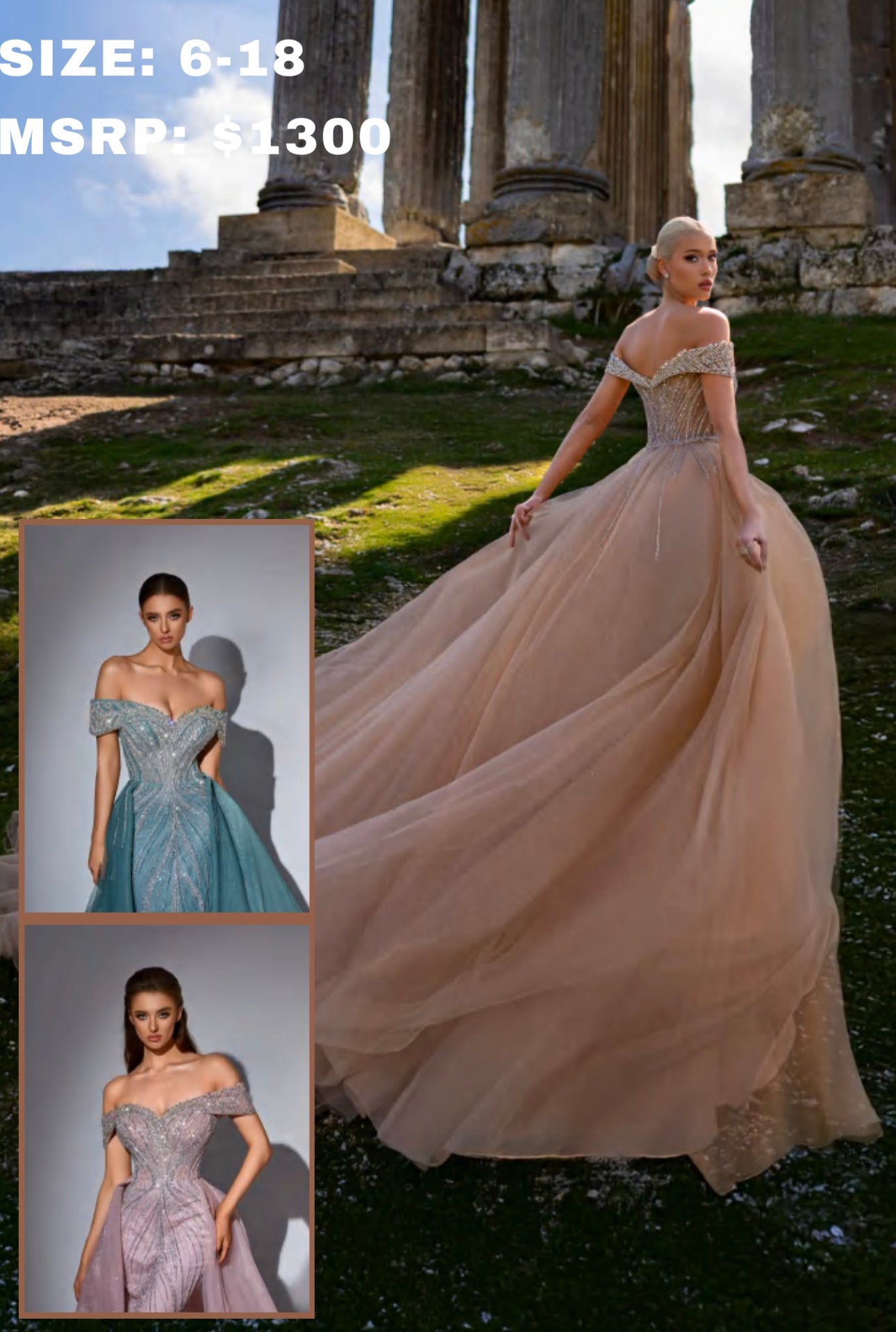 Elegant dress with off-shoulder design, featuring a long trailing back sash.