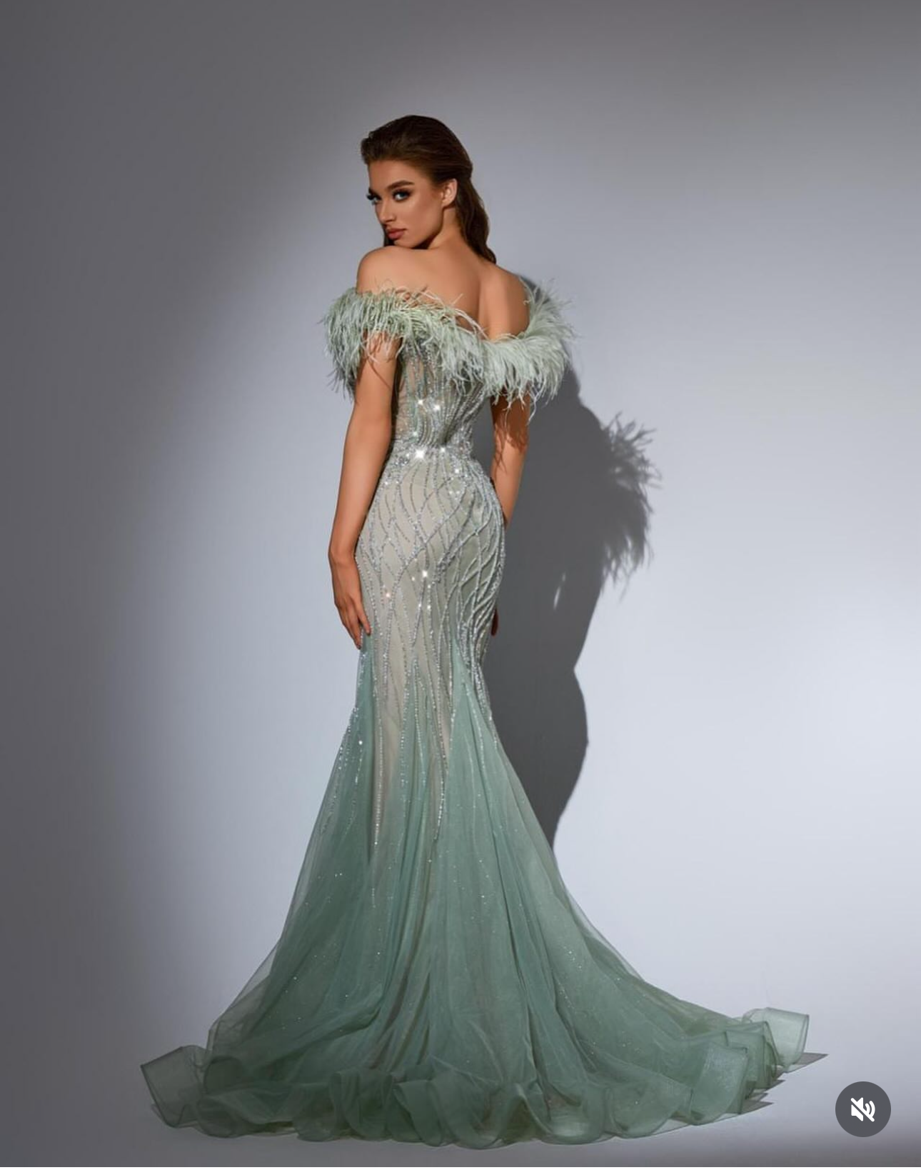Elegant off-shoulder dress embroidered with natural feathers.”