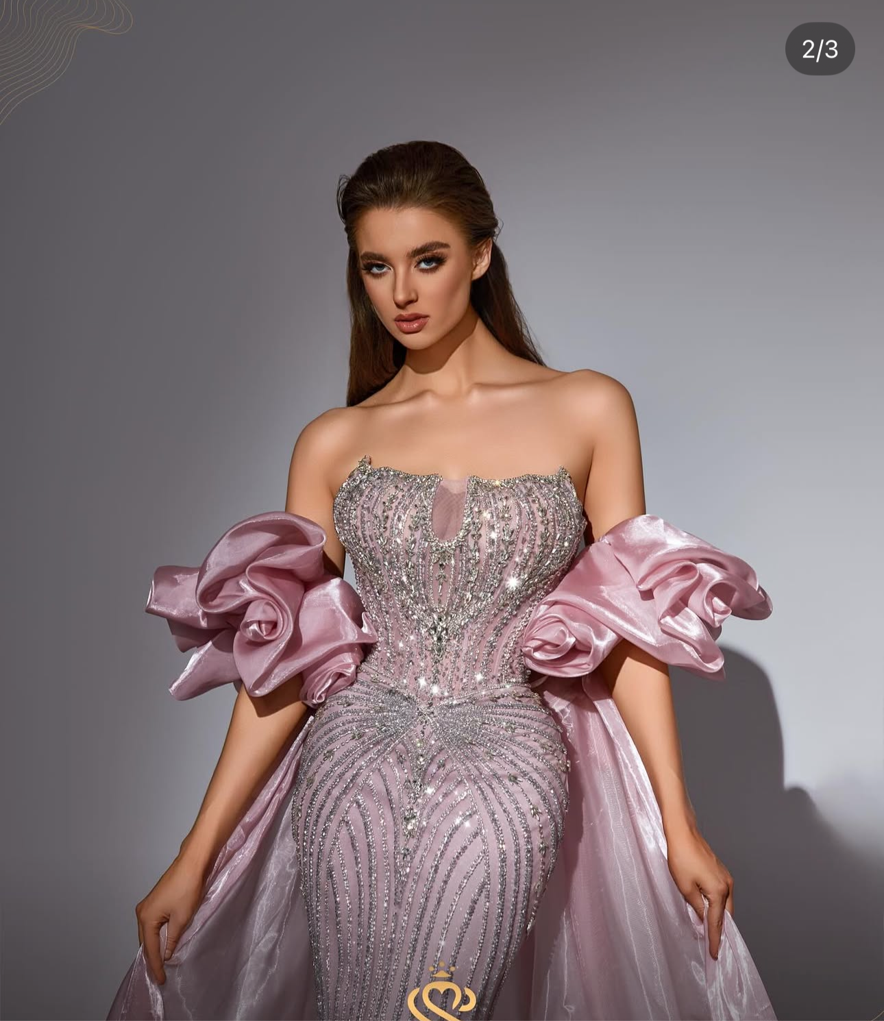 Luxurious strapless dress with two pieces on the arms connected by a long organza scarf.”