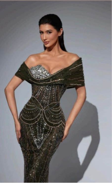 Gold and Olive Zircon-Studded Dress with Off-Shoulder Sleeves