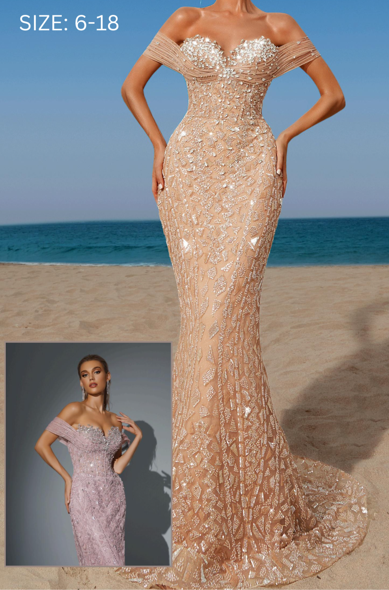 Luxurious dress elegantly embroidered with off-shoulder design