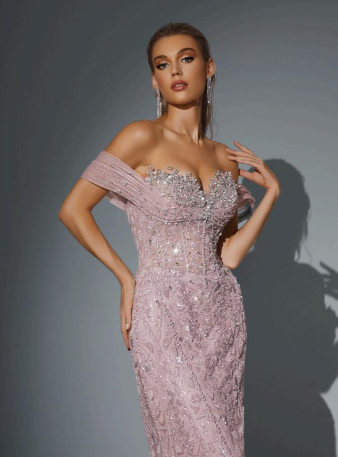 Luxurious dress elegantly embroidered with off-shoulder design