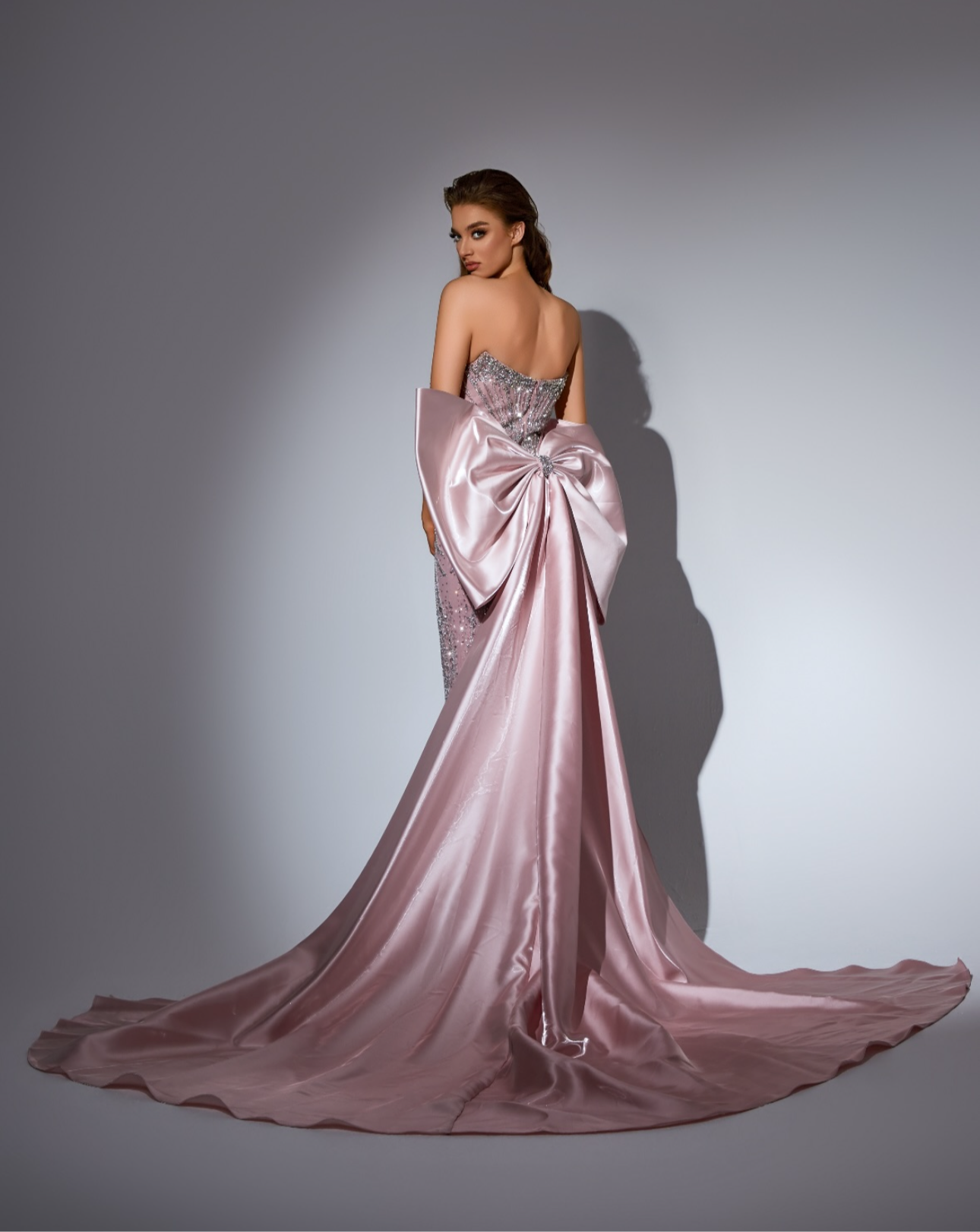 Elegant dress adorned with beads and sparkling crystals, featuring an organza piece with a bow at the back.”