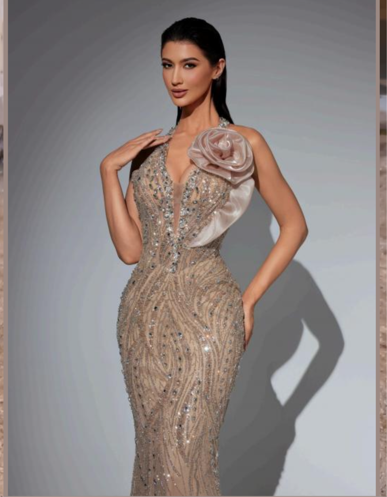 Luxury Black Dress with Shoulder Flower Embellished with Zircon
