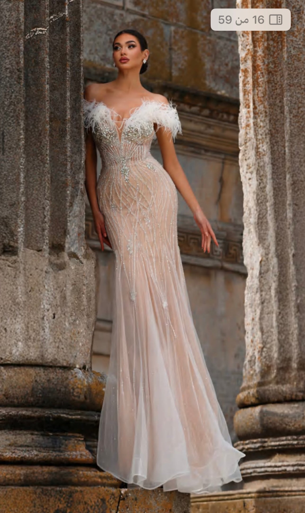Elegant off-shoulder dress embroidered with natural feathers.”