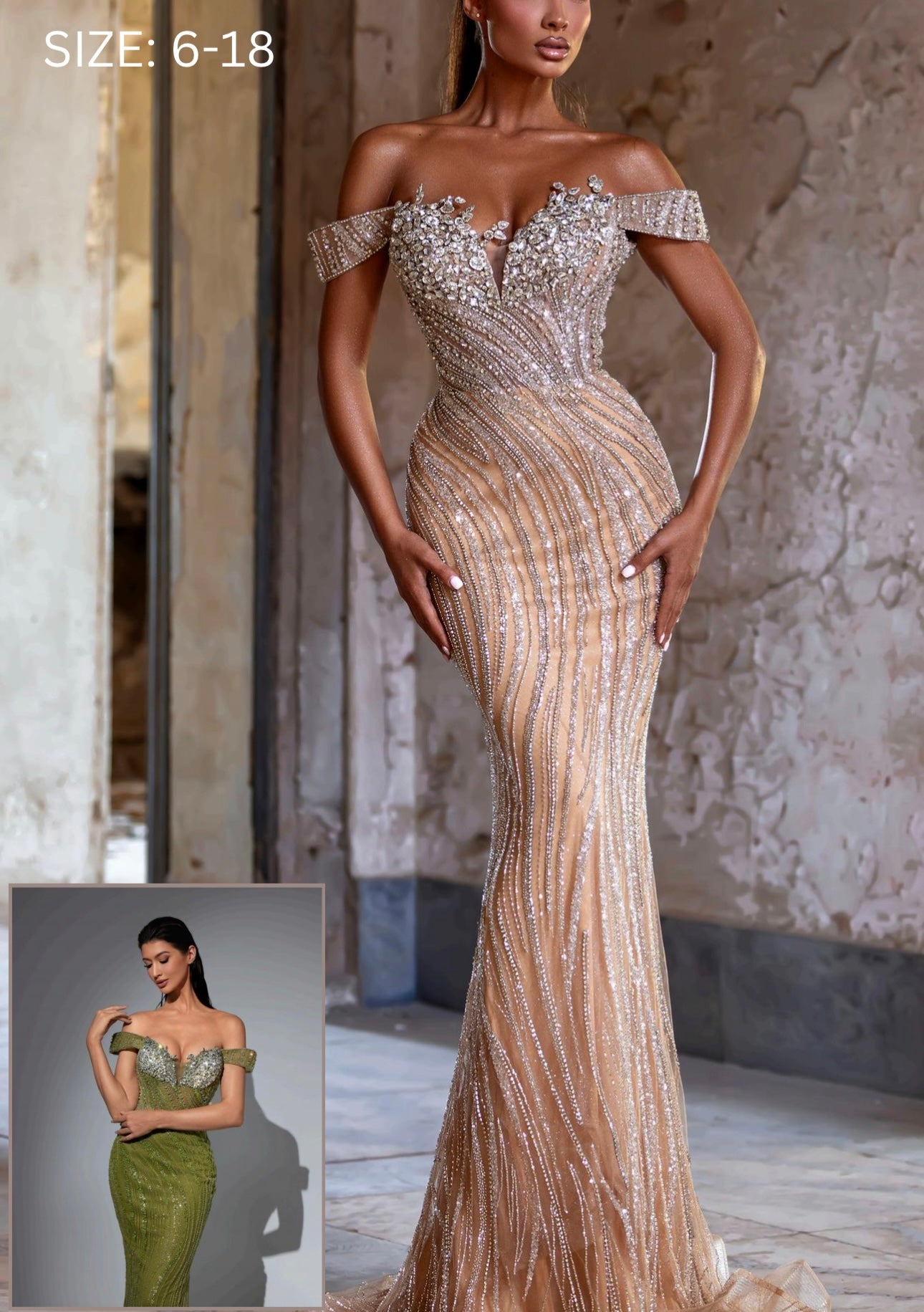 Off-shoulder dress embellished with crystals on the bodice, elegantly embroidered.
