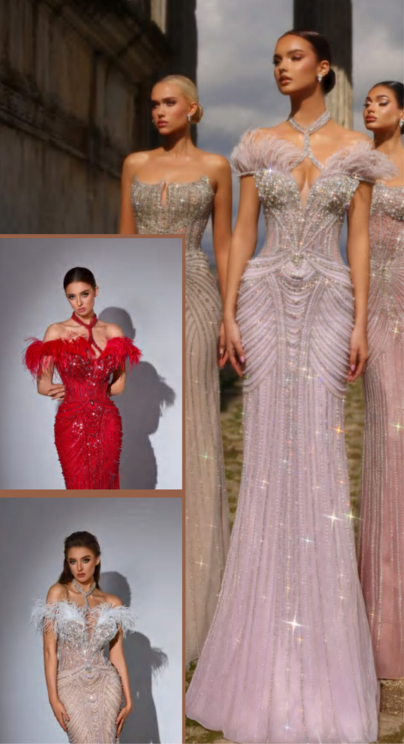 “Luxurious dress adorned with crystals and gemstones, featuring off-shoulder natural feather embroidery and a high neckline.”