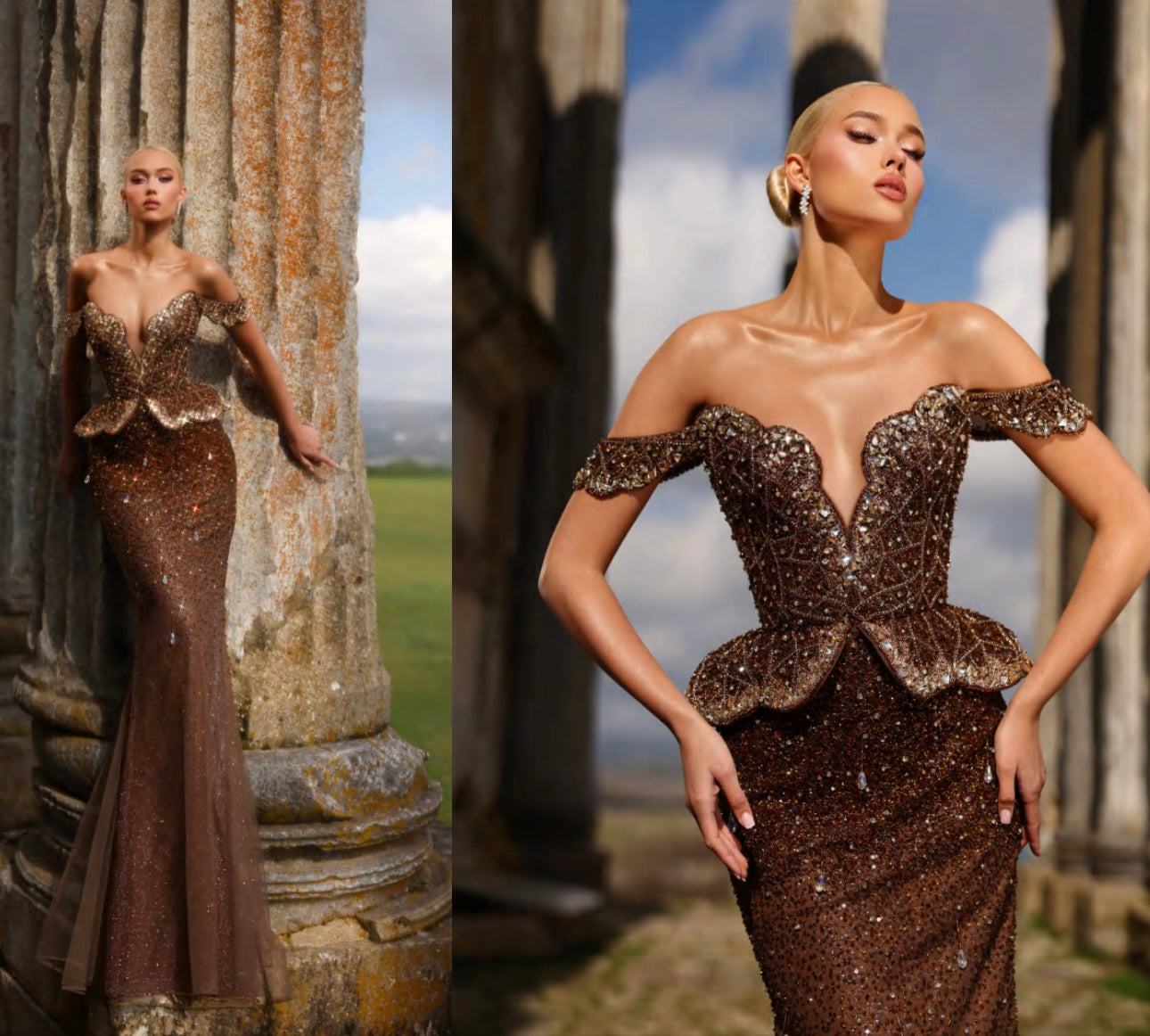 “Elegant off-shoulder dress adorned with gemstones and embroidered with beads.”