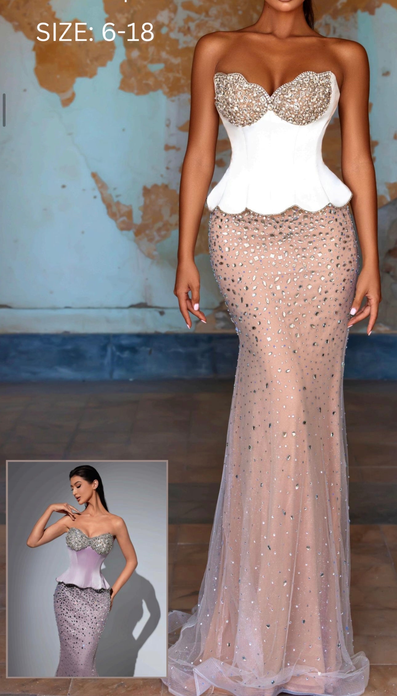 Elegant mermaid dress adorned with scattered crystals.