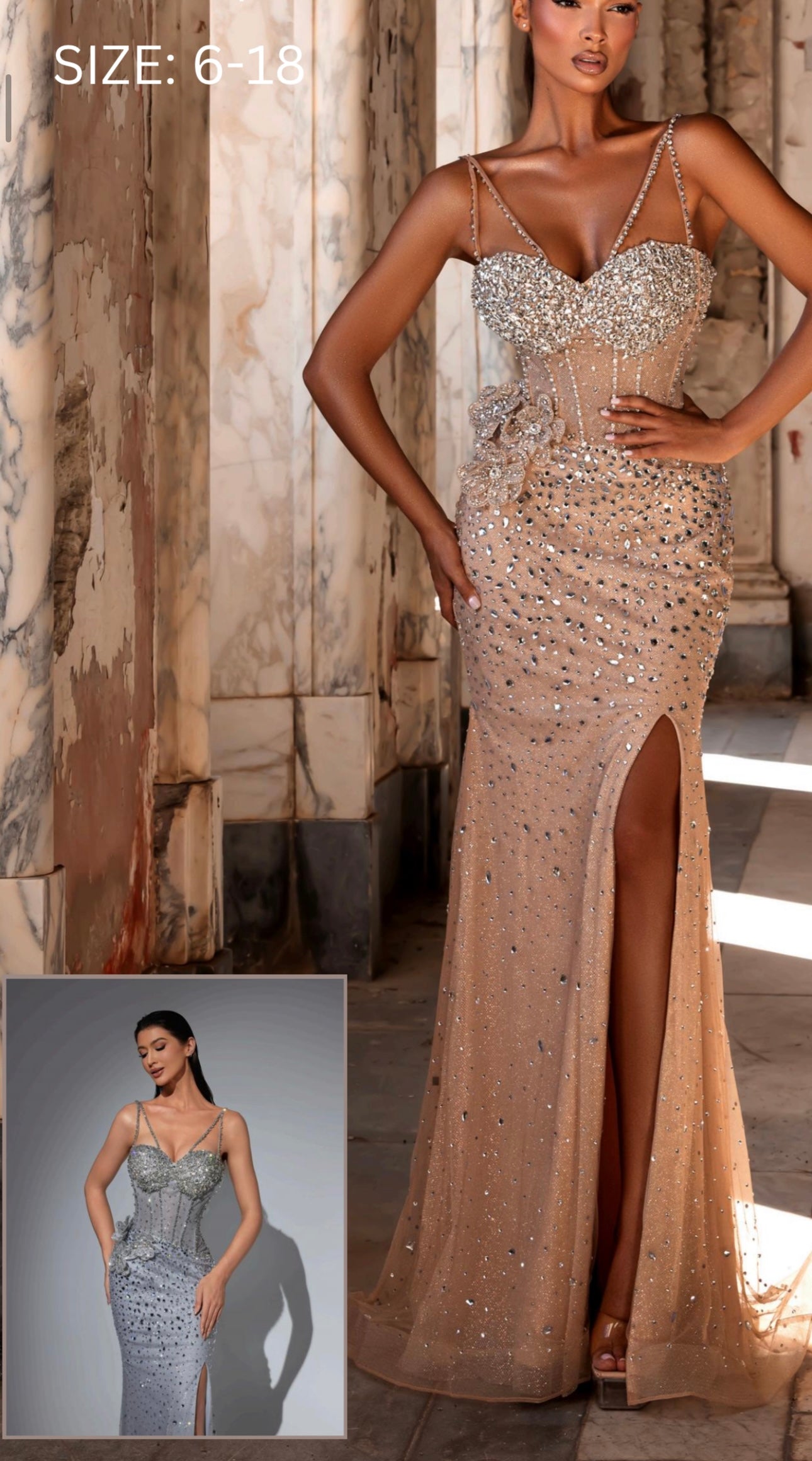 “Luxury dress with crystal embroidery on the chest and a floral detail at the waist.