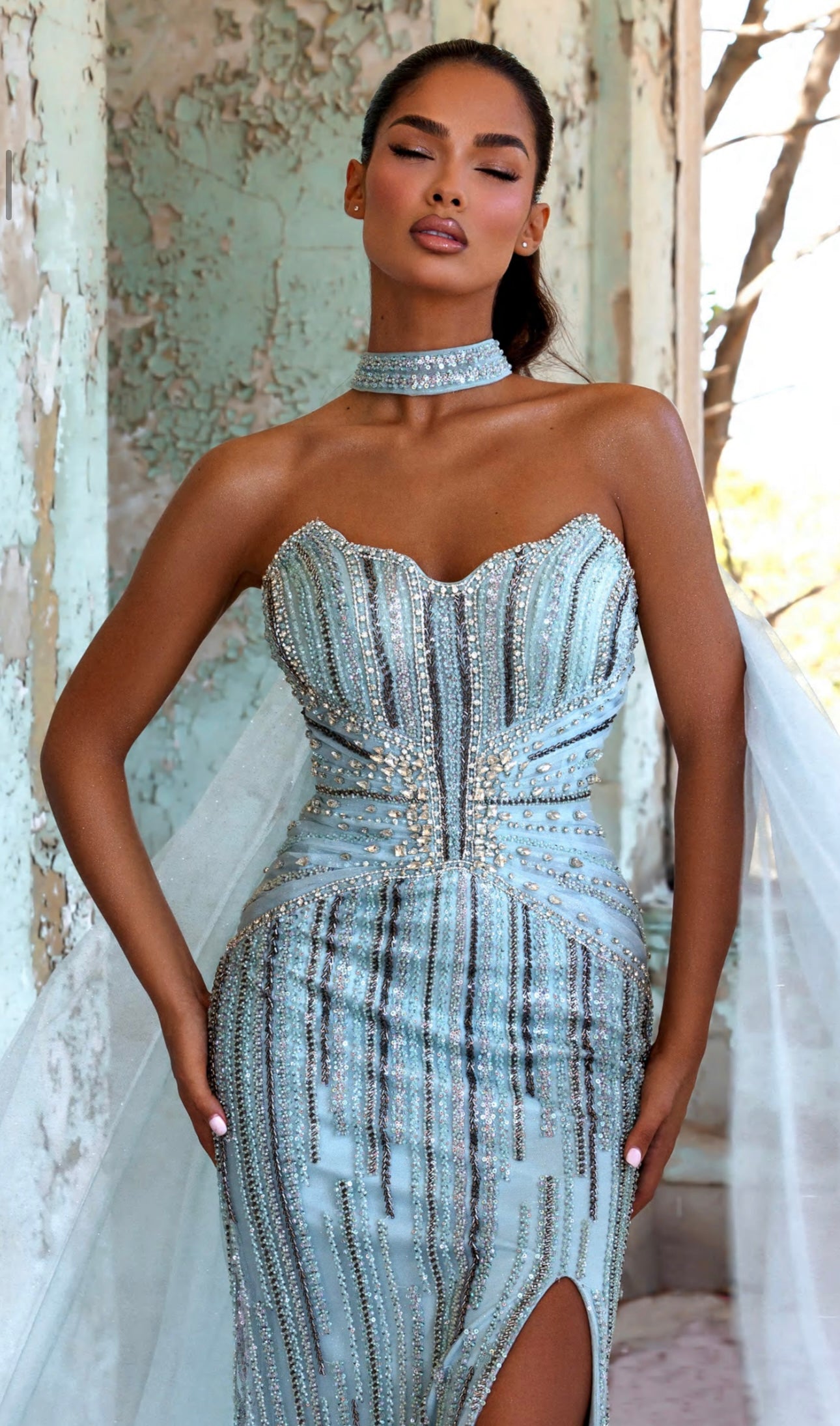 Elegant embroidered dress with a neck tie attached to a piece of tulle.