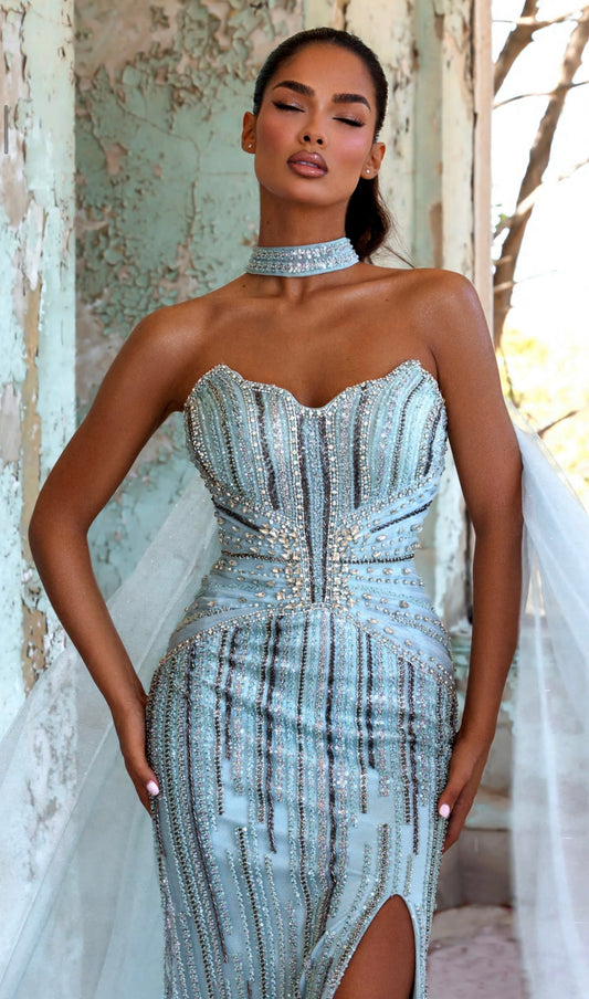 Elegant embroidered dress with a neck tie attached to a piece of tulle.