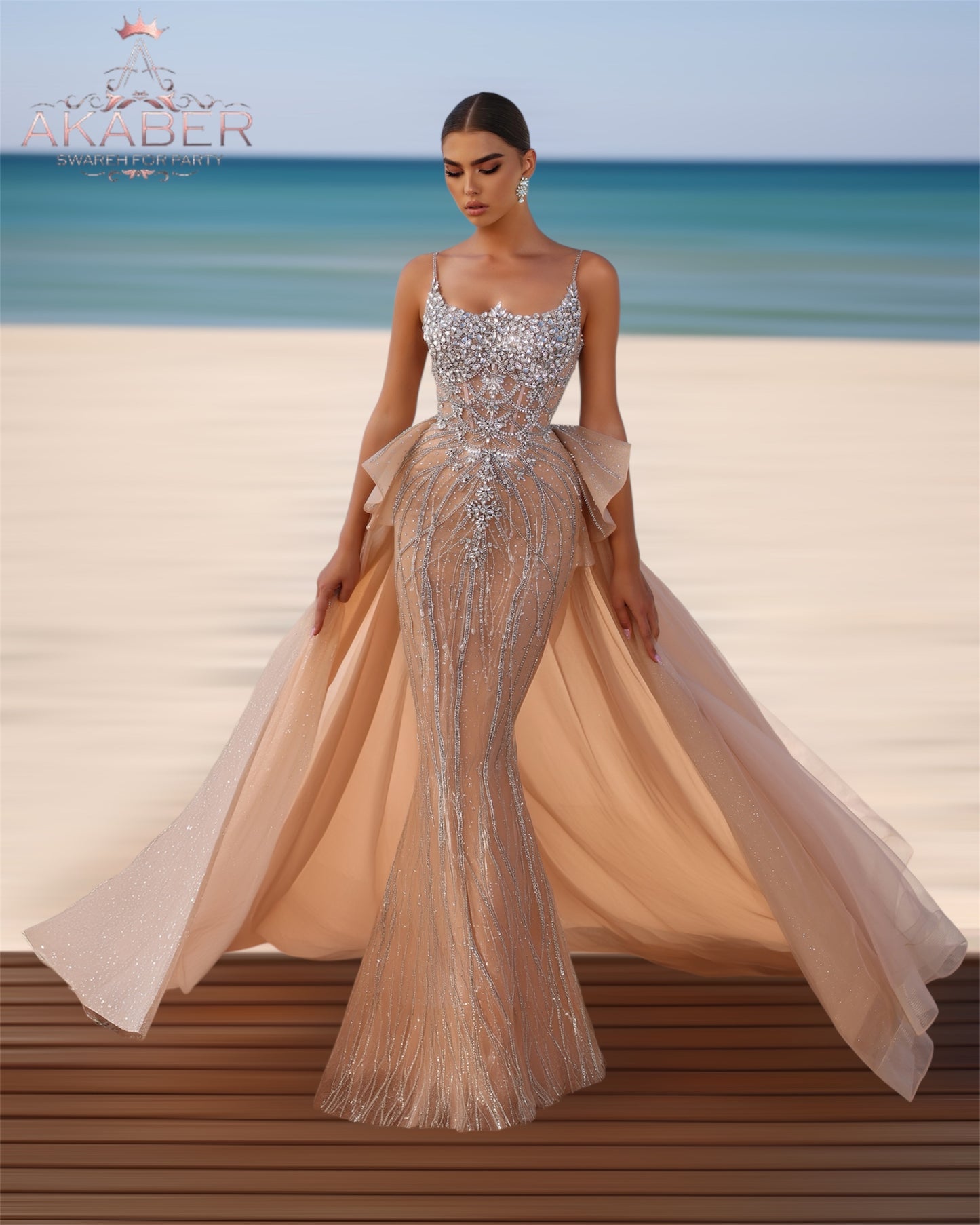 Luxurious dress adorned with gemstones, featuring a long train at the back.”