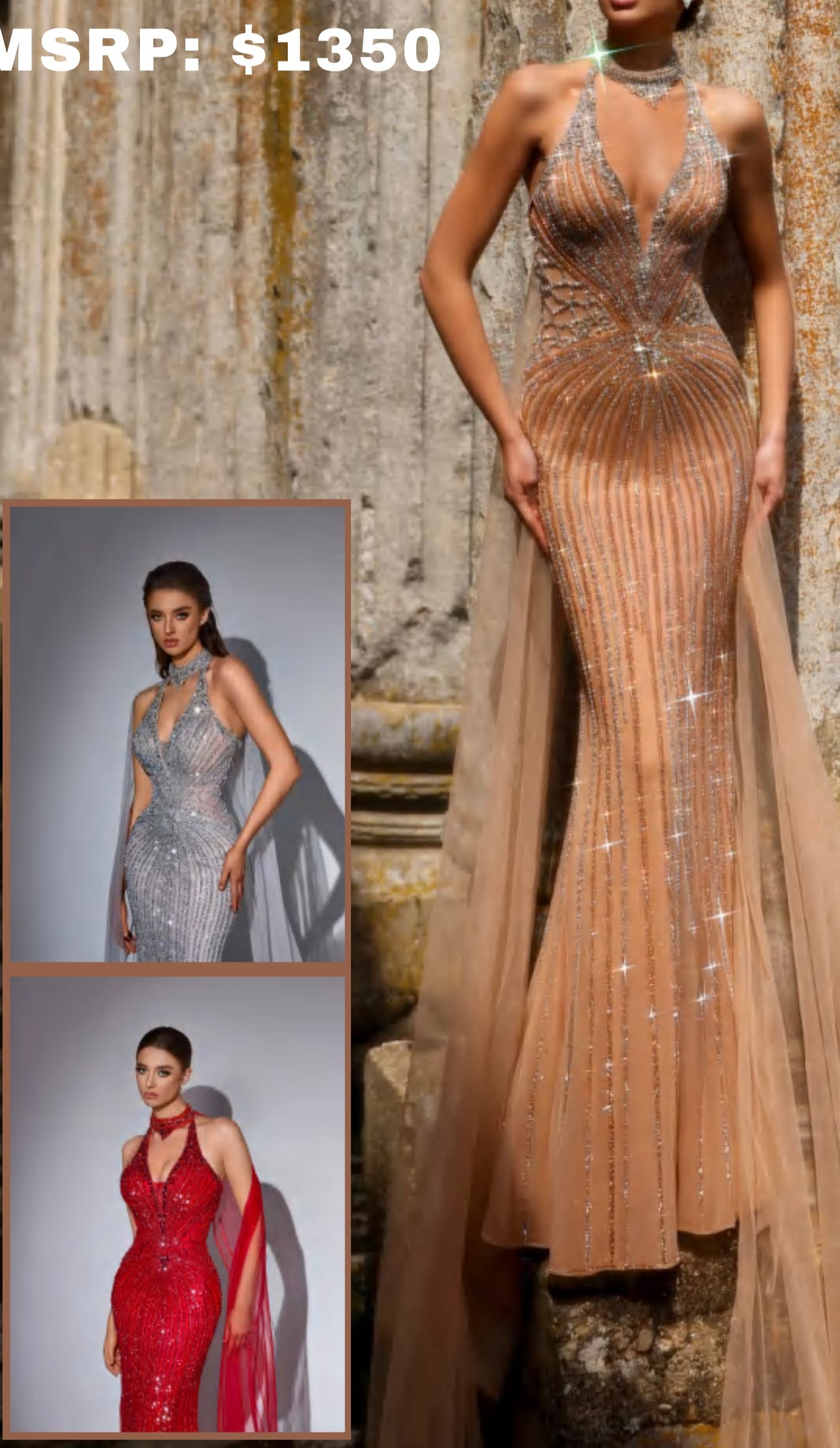 “Elegant dress embellished with gemstones, featuring a halter neck tied to a tulle scarf.”