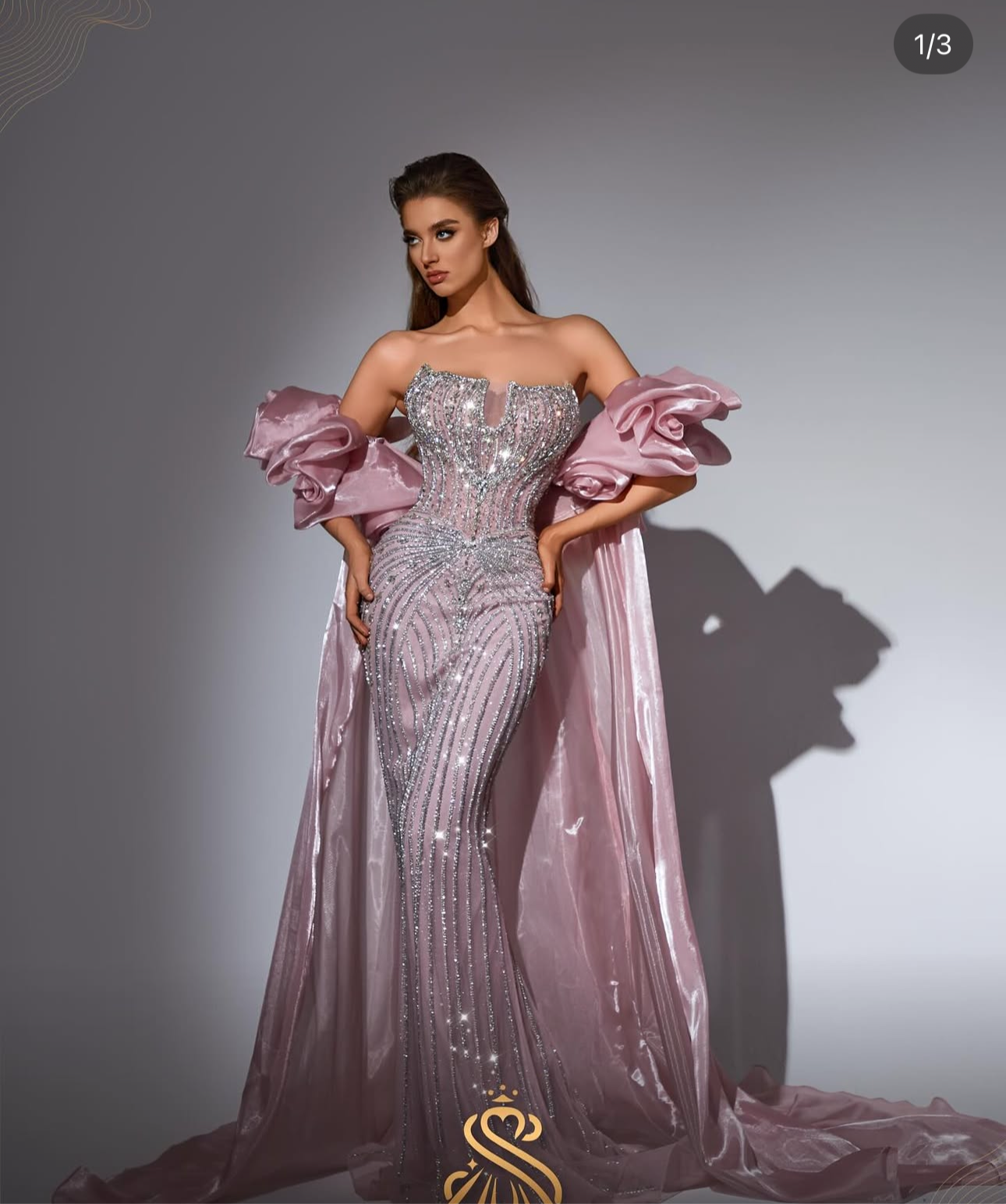 Luxurious strapless dress with two pieces on the arms connected by a long organza scarf.”