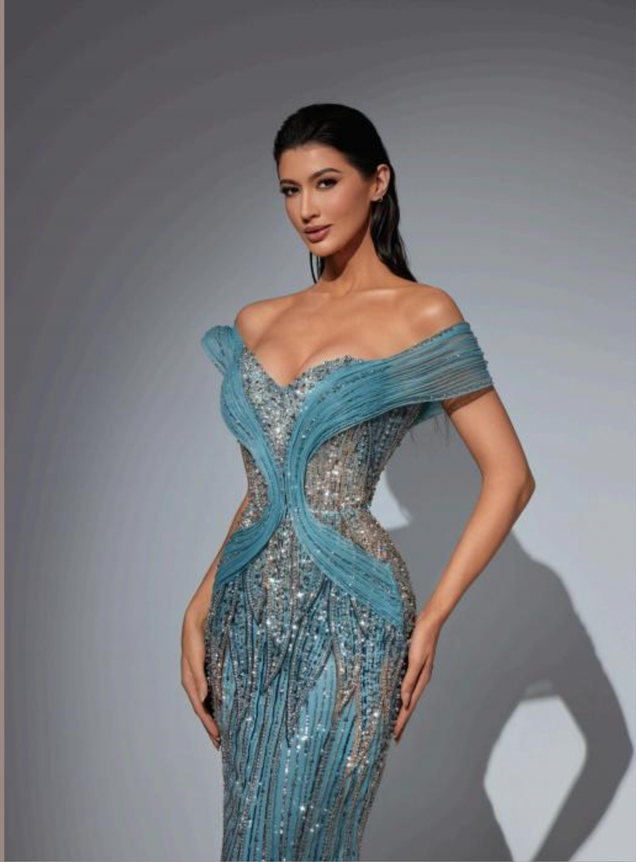 Elegant off-shoulder dress with jeweled embroidery on the chest