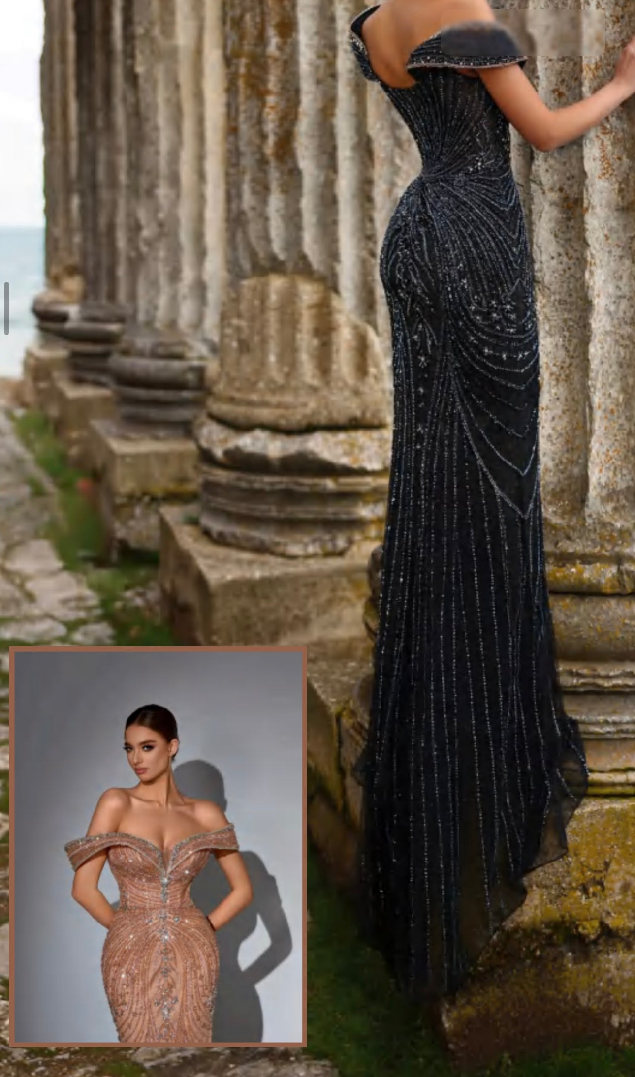 Elegant luxurious dress embellished with crystals and gemstones, featuring off-shoulder design.”