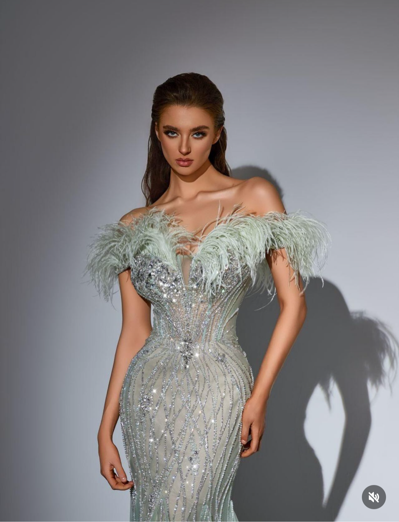 Elegant off-shoulder dress embroidered with natural feathers.”
