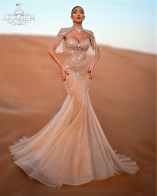 Luxury Embroidered Party Dress with Detachable High Neck