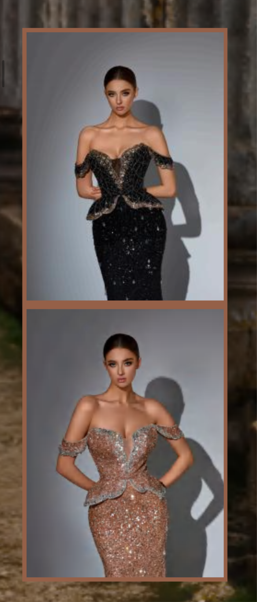 “Elegant off-shoulder dress adorned with gemstones and embroidered with beads.”