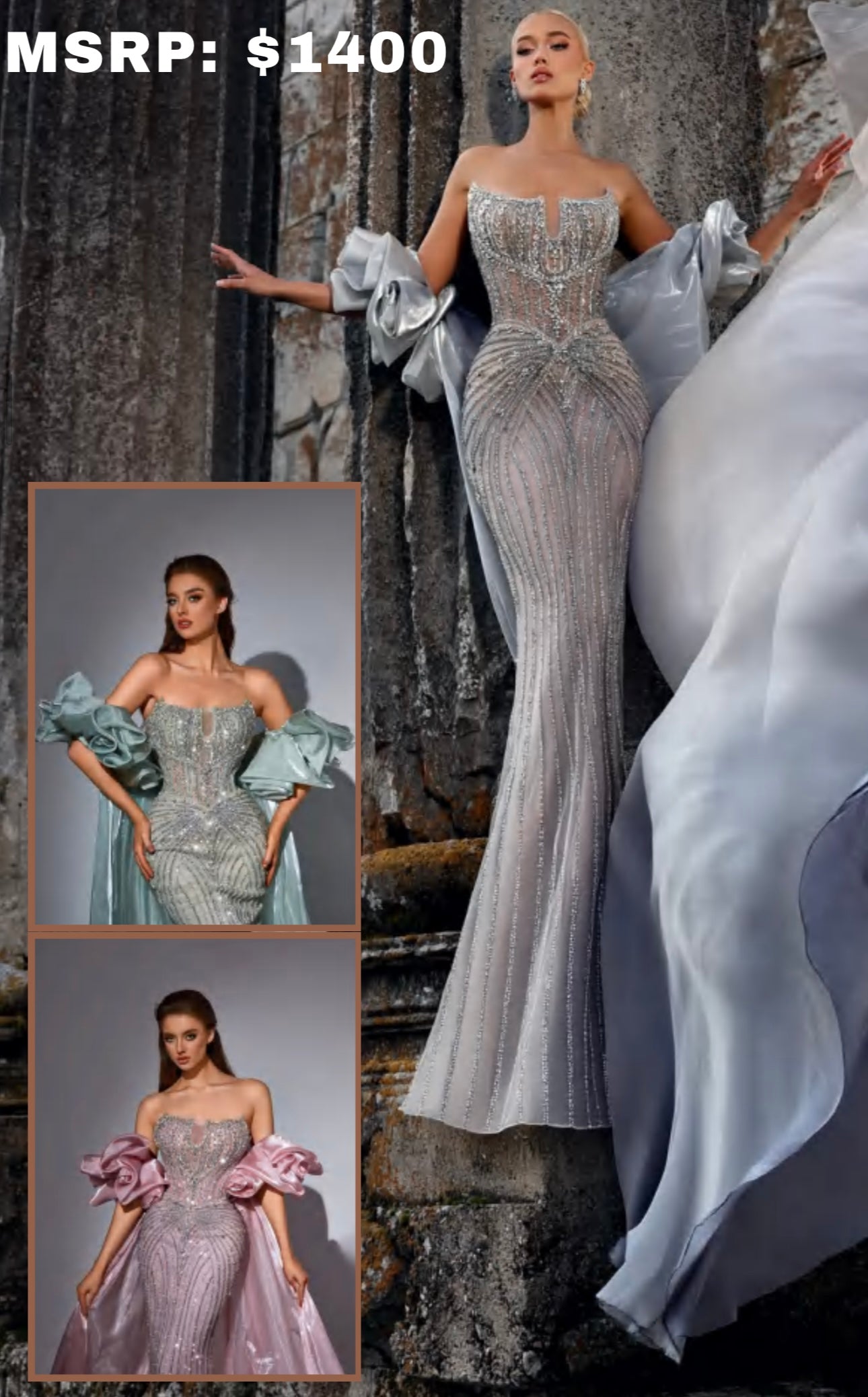 Luxurious strapless dress with two pieces on the arms connected by a long organza scarf.”
