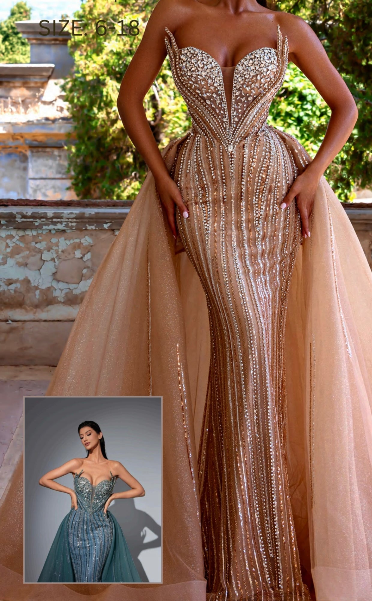 “Elegant dress embellished with jewels, featuring a removable back piece.