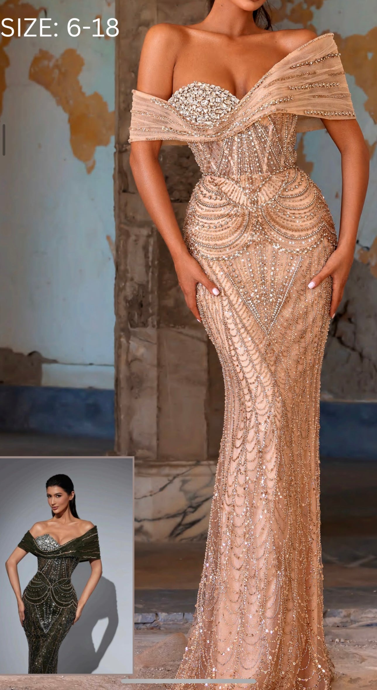 Gold and Olive Zircon-Studded Dress with Off-Shoulder Sleeves