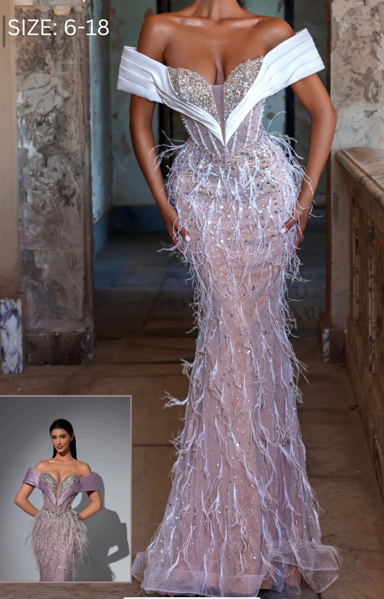 Off-Shoulder Dress Embellished with Stones and Feathers