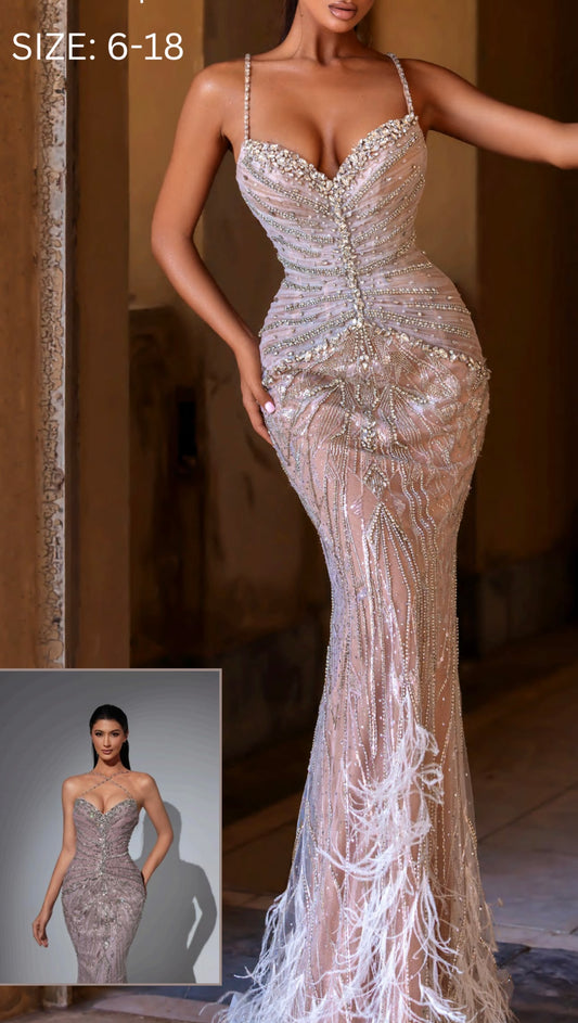 Elegant dress embellished with crystals, a blend of two colors, featuring feathers at the bottom.