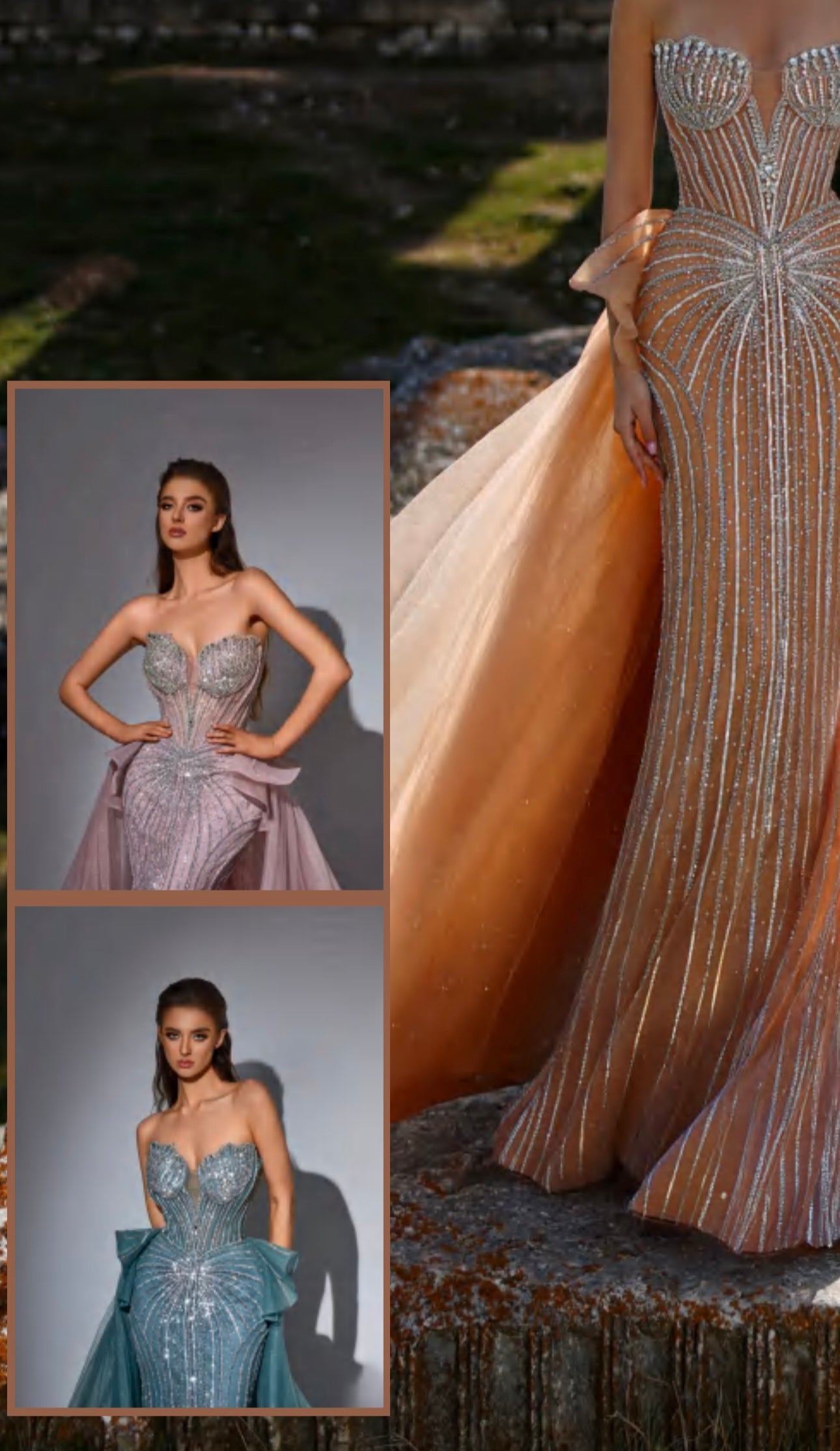 Mermaid-style dress embellished with sparkling stones, featuring a long trailing back sash.